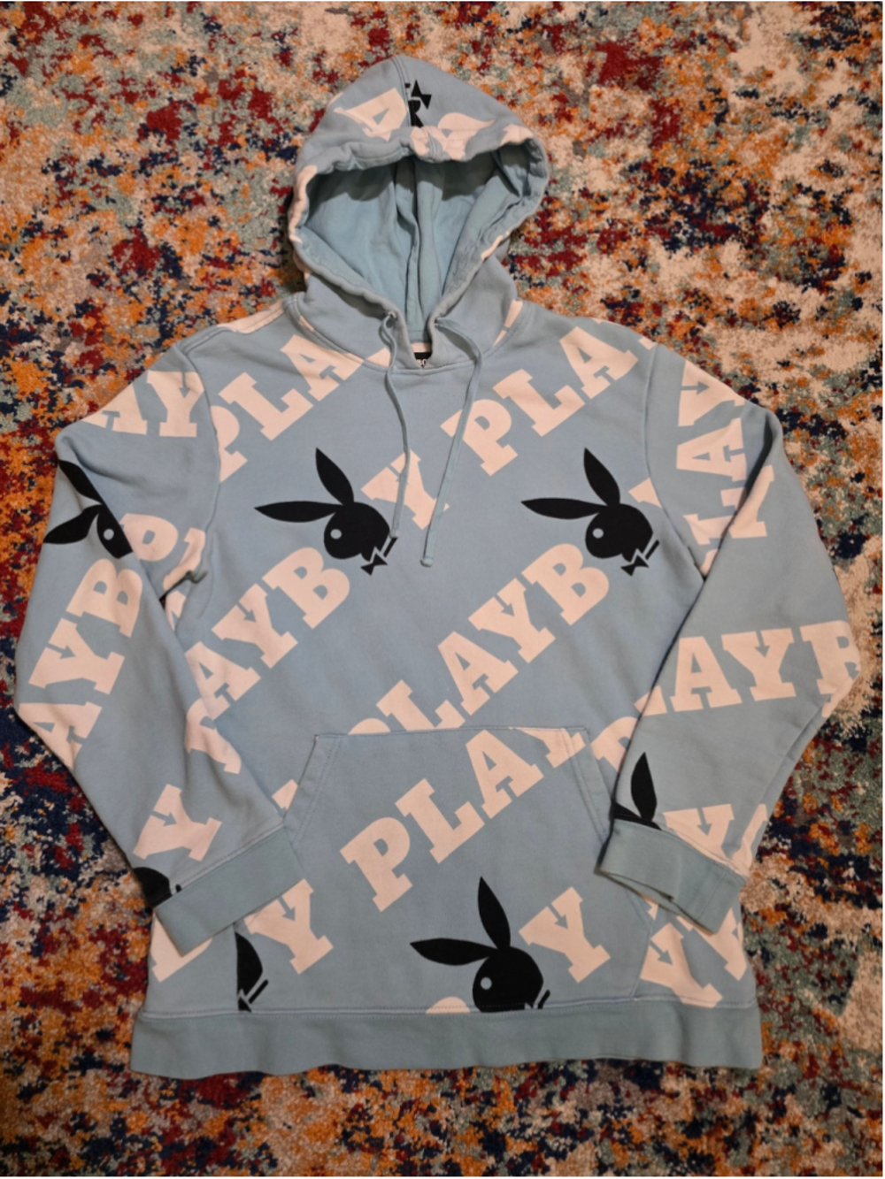 Playboy by PacSun All Over Print Bunny Logo Hoodie Pastel Baby Blue Size S